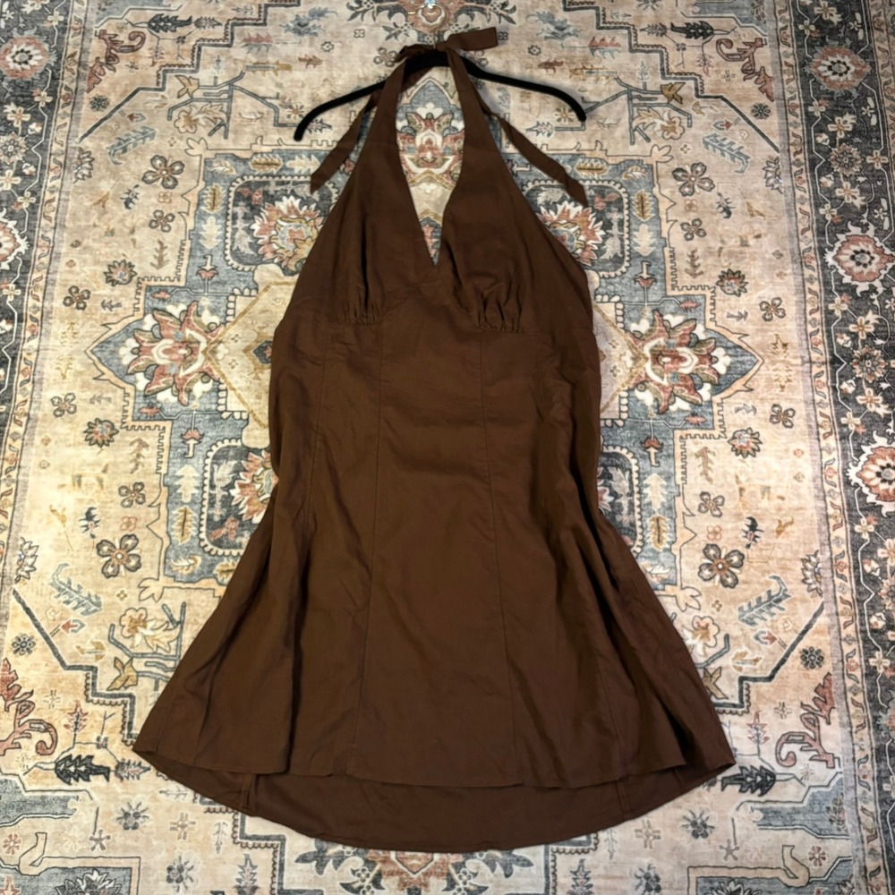 American Eagle Brown Linen Blend Halter Mini Dress XXL New With Tag Flowy Resort